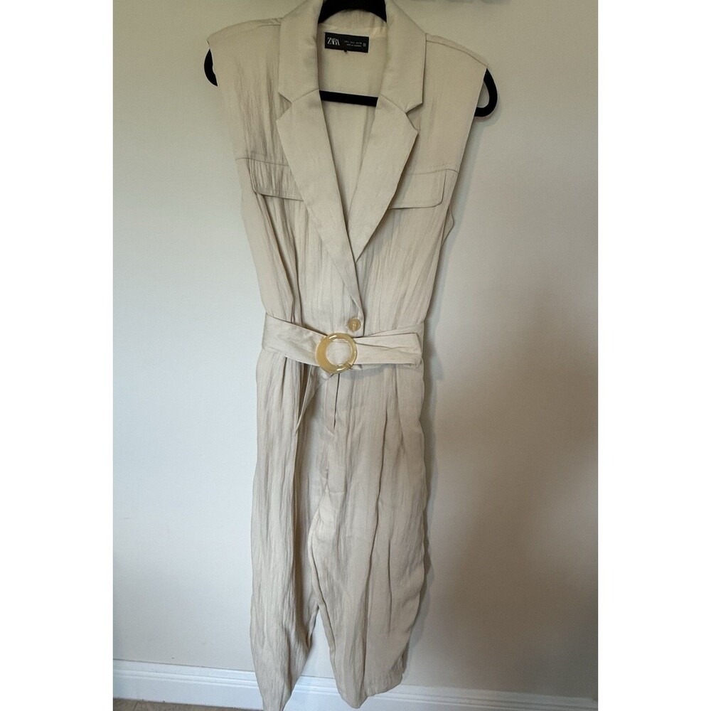 🎯 BEST TITLE: Zara Long Belted Jumpsuit Beige Women Size L Wide Leg Chic Style - Picture 2 of 16